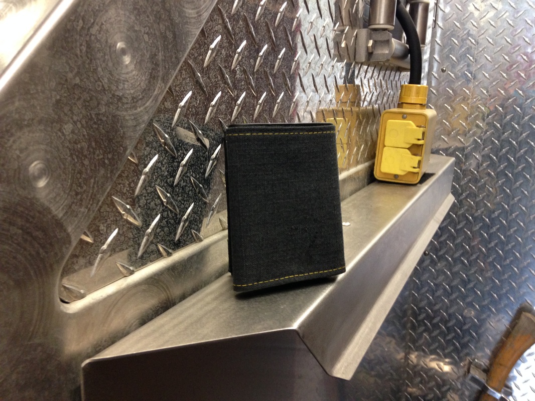 Black Leather Tri-Fold Wallet With Yellow Vertical Striping